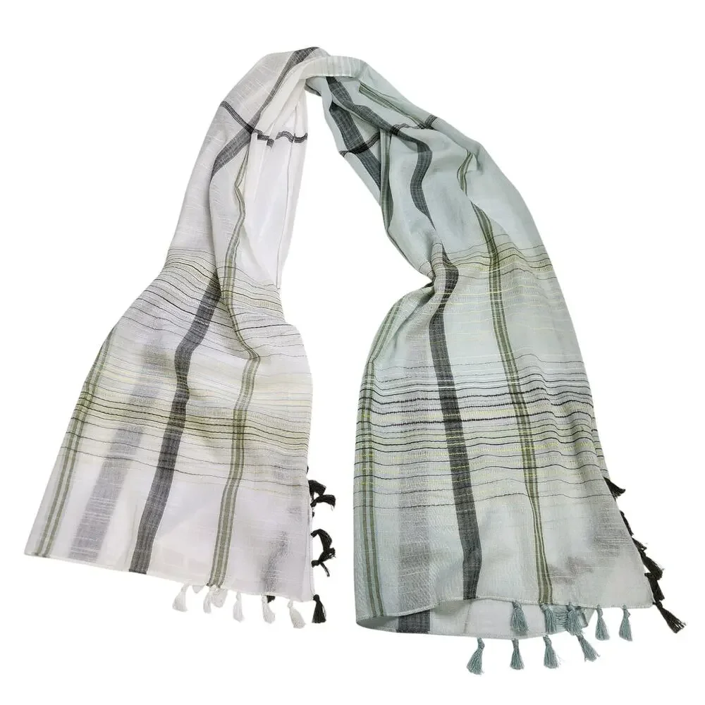 J Jill Womens Plaid Scarf One Size‎ Green White Blanket Semi Sheer Tassels Boho